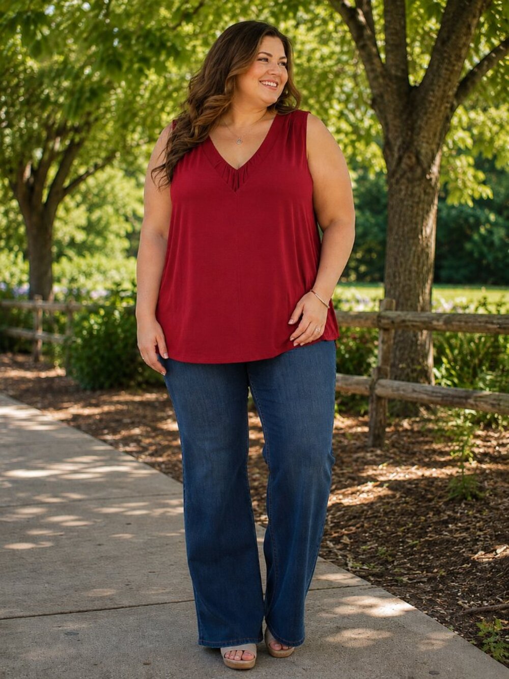 ESENCHEL Short Sleeve V-Neck Cranberry Red Top 2XL